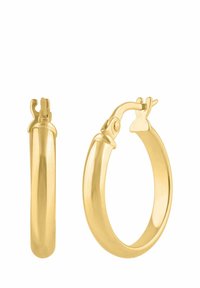 Zlaté kruhové náušnice s hladkým, lešteným povrchom; vybavené bezpečným zapínaním a zaobleným dizajnom. Elegantné a ľahké.