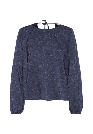 Blouse bleu marine à manches longues, motif floral texturé, col rond et fermoir à lien dans le dos. Tissu doux.