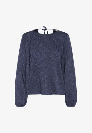 Dunkelblause Bluse mit langen Ärmeln, strukturiertem Blumenmuster, Rundhalsausschnitt und Bindebandverschluss hinten. Weicher Stoff.