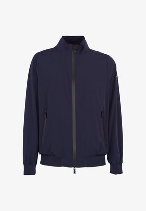Giacca leggera blu navy con collo alto, zip frontale completa, tasche laterali con zip e polsini ed orlo elastici.