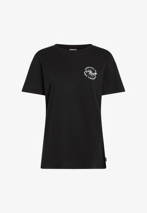 T-shirt en coton noir à manches courtes et col rond. Présente un graphisme blanc sur la poitrine gauche indiquant « Surfing Is O’Neill Therapy ».