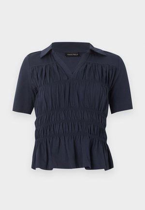 Navy blue short-sleeve blouse with collar, V-neck, gathered elastic ruching across front, and slight flare at hem.