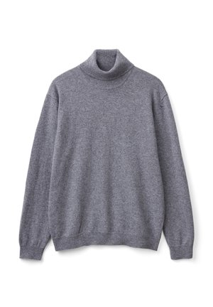 Gray turtleneck sweater made of soft knit fabric; features ribbed collar and cuffs, long sleeves, and a relaxed fit.