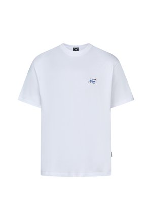 Weißes T-Shirt mit kurzen Ärmeln, Rundhalsausschnitt und kleinem blauem Fahrrad-Logo auf der linken Brustseite.
