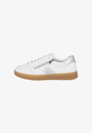 White leather sneaker with a silver accent and zipper detail. Features a rubber gum sole and lace-up closure. Smooth texture and low profile.