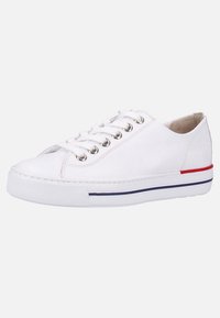 White sneakers with a smooth texture, round toe, silver eyelets, and a white rubber sole. Features red and blue stripes on the sole.