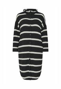 Raidallinen huppukotelo mustana ja vaaleanharmaana, jossa on kolme neljänneskättä, napitus ja pyöristetty helma rennompaa istuvuutta varten.