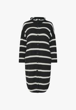 Cappotto a strisce con cappuccio in nero e grigio chiaro, con maniche a tre quarti, una patta con bottoni e un orlo arrotondato per una vestibilità comoda.