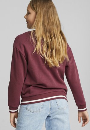 Sudadera marrón con franjas blancas en los puños y el dobladillo. Tela suave, corte relajado, combinada con jeans de mezclilla azul claro. Vista trasera.