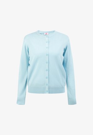 Cardigan albastru deschis, fabricat dintr-un material moale și texturat. Se remarcă prin gât rotund, mâneci lungi și închidere frontală cu nasturi asortați.