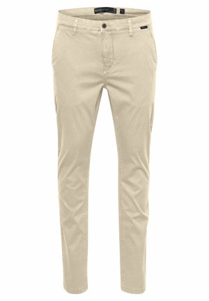Beige chinos made of cotton, featuring a straight-leg design, front pockets, and a logo tag on the waistband. Smooth texture.