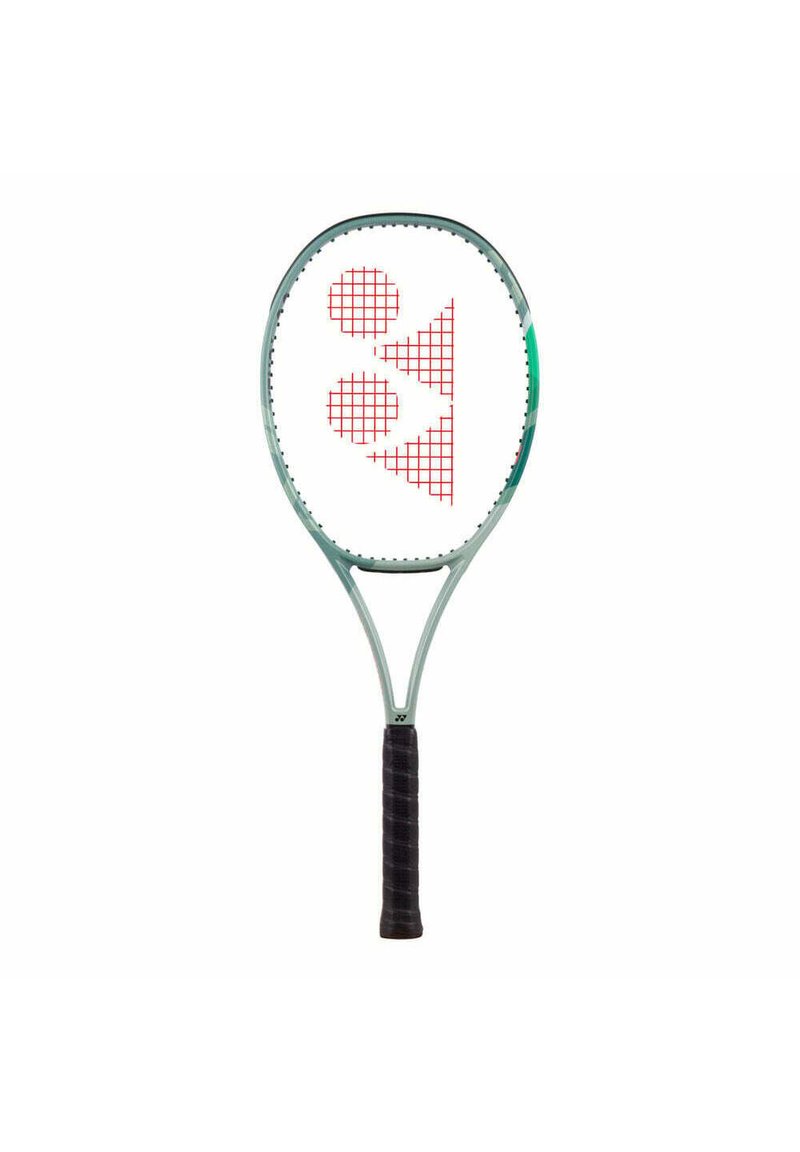 Tennissla met een lichtgroen aluminium frame, zwarte textuurgreep en een wit snaarbed met rode geometrische patronen.