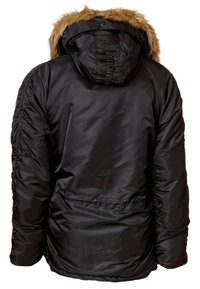 Sort isoleret parka med en hætte foret med faux pels, der har en glat tekstur og elastiske manchetter; ryglommen er synlig.