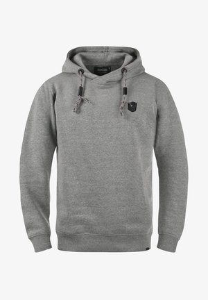 Szürke kapucnis pulóver zsinóros kapucnival, elülső kenguruzsebbe, bordás mandzsettával és szegéllyel. A mellkason egy kicsi fekete logó folt található.