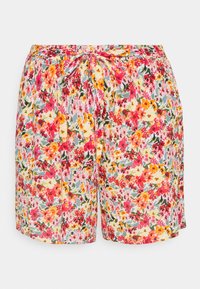 Květované kraťasy s elastickým pasem a stahovací šňůrkou. Látka má barevný vzor červených, růžových a žlutých květin na světlém pozadí.