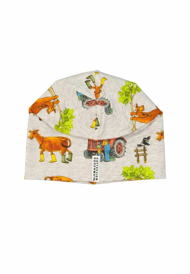 Grå tygmössa med färgglada illustrationer av gårdsdjur och traktorer. Designen inkluderar detaljer av gröna träd över ytan.