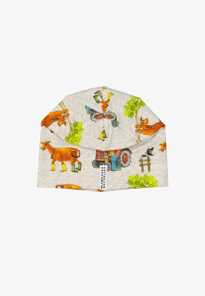 Harmaa kangaspipo, jossa on värikkäitä farmieläimiä ja traktoreita esittävät kuvitukset. Suunnittelussa on vihreiden puiden yksityiskohtia pinnalla.