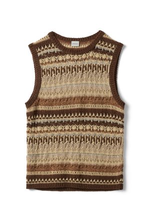 Gilet lavorato a maglia senza maniche con motivi Fair Isle orizzontali nei colori marrone, beige e crema, con scollo, aperture per le braccia e orlo a coste.