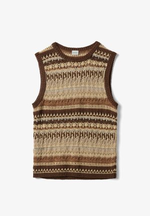 Gilet lavorato a maglia senza maniche con motivi Fair Isle orizzontali nei colori marrone, beige e crema, con scollo, aperture per le braccia e orlo a coste.