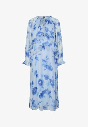 Lichtblauwe bloemenjurk met gesmockte lagen, lange mouwen en een trekkoordhals in doorzichtig stof. Bevat blauwe bloemmotieven.