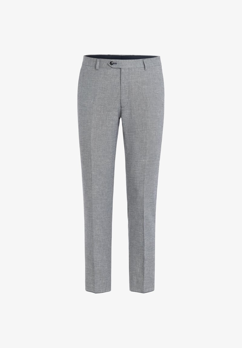 Pantalon de costume pour homme gris sur mesure avec passants de ceinture, fermeture par bouton et coupe slim.