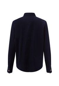 Navy corduroy shirt with a collared neckline, long sleeves, and buttoned cuffs. The fabric has a textured ribbed pattern.