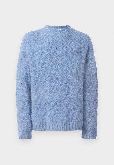 Suéter azul claro fabricado con un punto texturizado y un patrón de trenzas. Presenta un escote redondo y puños y dobladillo de canalé.