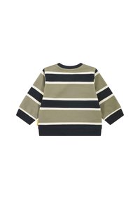 Maglione a manica lunga in morbido cotone, con righe orizzontali in verde oliva, blu navy e crema. Collo e polsini a costine.