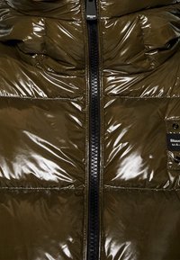 Chaqueta acolchada verde oliva brillante con cierre de cremallera y secciones cosidas. Presenta una etiqueta de marca en el lado izquierdo.