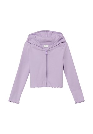 Jasnofioletowa prążkowana bluza z kapturem na długim rękawie, z przednim zamkiem błyskawicznym i wykończeniem falbankowym na rękawach i dolnym brzegu.