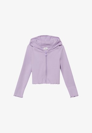 Light purple ribbed long-sleeve hoodie with front zipper and lettuce-edge trim on sleeves and hem.