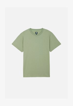Light green short-sleeve crew neck cotton T-shirt with subtle chest logo and standard fit on a plain white background.