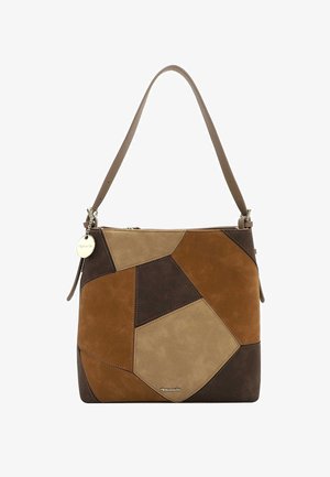 Tan and brown patchwork tote bag made of soft suede, featuring a single strap and zip closure, with a silver logo charm detail.
