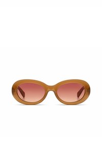 Bruna ovala solglasögon med gradient rosa linser, med en tjock plastbåge och slät yta. Ingen synlig branding på framsidan.