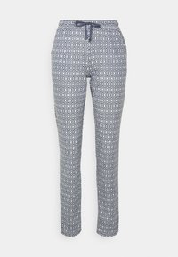 Marineblauwe en witte gestreepte broeken met een ruitpatroon, elastische tailleband met een trekkoord en taps toelopende benen voor een aangesloten look.