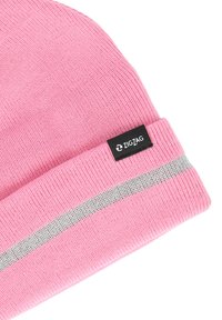 Roze gebreide beanie met een grijze horizontale streep en een zwart stoffen label met de merknaam "ZIGZAG." Zachte textuur, snug fit.