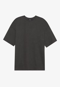 T-shirt di cotone grigio scuro, maniche corte, collo rotondo, taglio largo, design basic, con texture liscia e senza motivi o dettagli visibili.