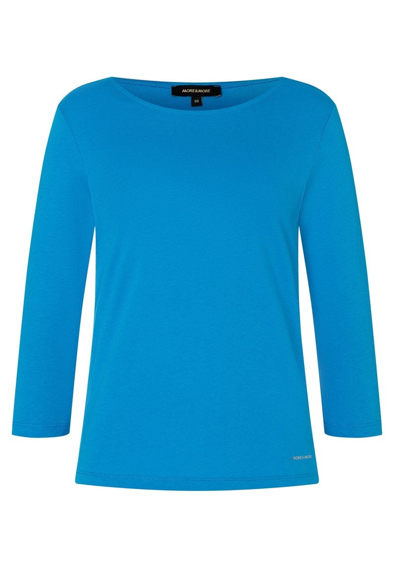 Blue long-sleeve shirt made of cotton. Features a round neckline and simple design. Label visible on the inside near the neck.