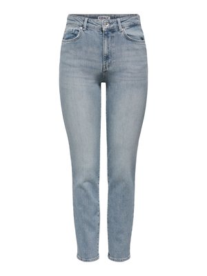 Hellblaue Jeans aus Denim mit schmaler Passform, hoher Taille, klassischem Fünf-Taschen-Design und einer vorderen Metallknopfleiste.