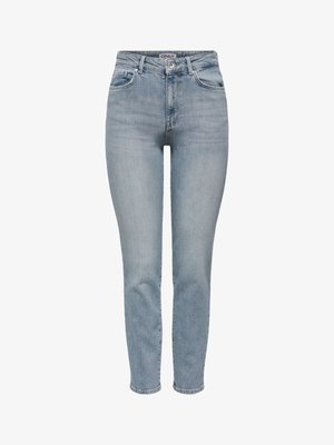 Light blue denim jeans with a slim fit, featuring a high waist, classic five-pocket design, and metal front button closure.