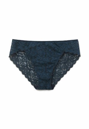Navy blue lace panties with floral and geometric patterns, featuring a scalloped waistband and leg openings for detail.