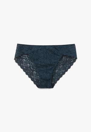 Bragas de encaje azul marino con patrones florales y geométricos, que presentan una cinturilla y aberturas para las piernas con un diseño de volantes.