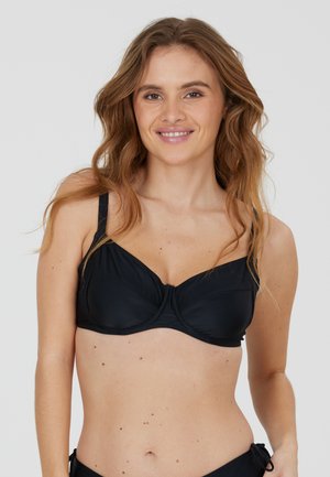 Schwarzer Bikini-Oberteil mit Unterdraht, verstellbaren Trägern und strukturiertem Stoff. Verfügt über ein glattes, strukturiertes Design mit einer Mittelnaht.
