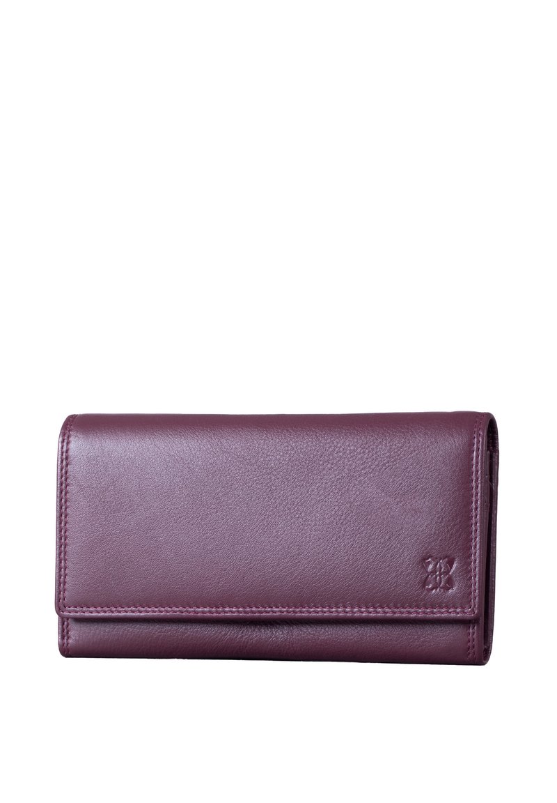 Violet leather wallet with a textured surface, rectangular shape, flap closure, and embossed logo detail on the front.