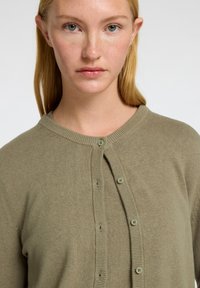 Svetlo olivnozeleni kardigan iz mehkih pletenin, z okroglo izrezom in šestimi majhnimi gumbi na sprednji strani. Gladka tekstura.