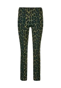 Slim-fit broek met een donkergroen en zwart luipaardprint patroon, volledige lengte, elastische tailleband, geen zichtbare zakken.