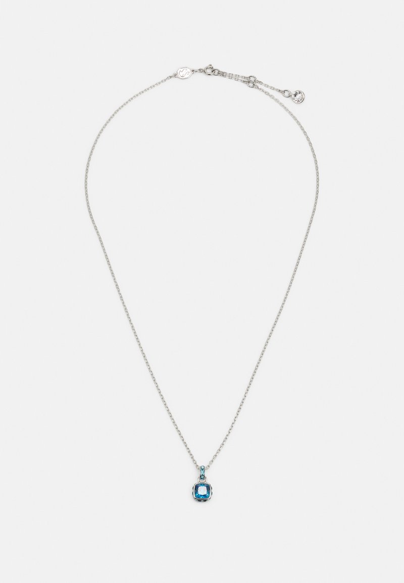Zilveren ketting met een rechthoekige blauwe edelsteen hanger, verfraaid met kleinere turquoise stenen, met een gepolijste, gladde afwerking.