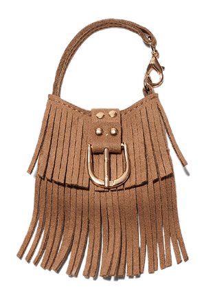 Lille brun ruskind-nøglering med frynser, guldspænde og en lukning på en håndledsrem.