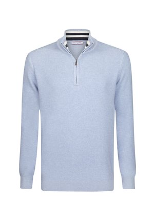 Lichtblauwe pullover trui, voorzien van een halve rits kraag, geribbelde textuur, lange mouwen en een gestreept detail aan de binnenkraag.