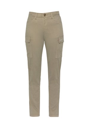 Beige Cargo-Hosen mit einer taillierten Passform, ausgestattet mit zwei Seitentaschen und einer Gesäßtasche, aus strapazierfähigem Baumwollmix-Stoff gefertigt.